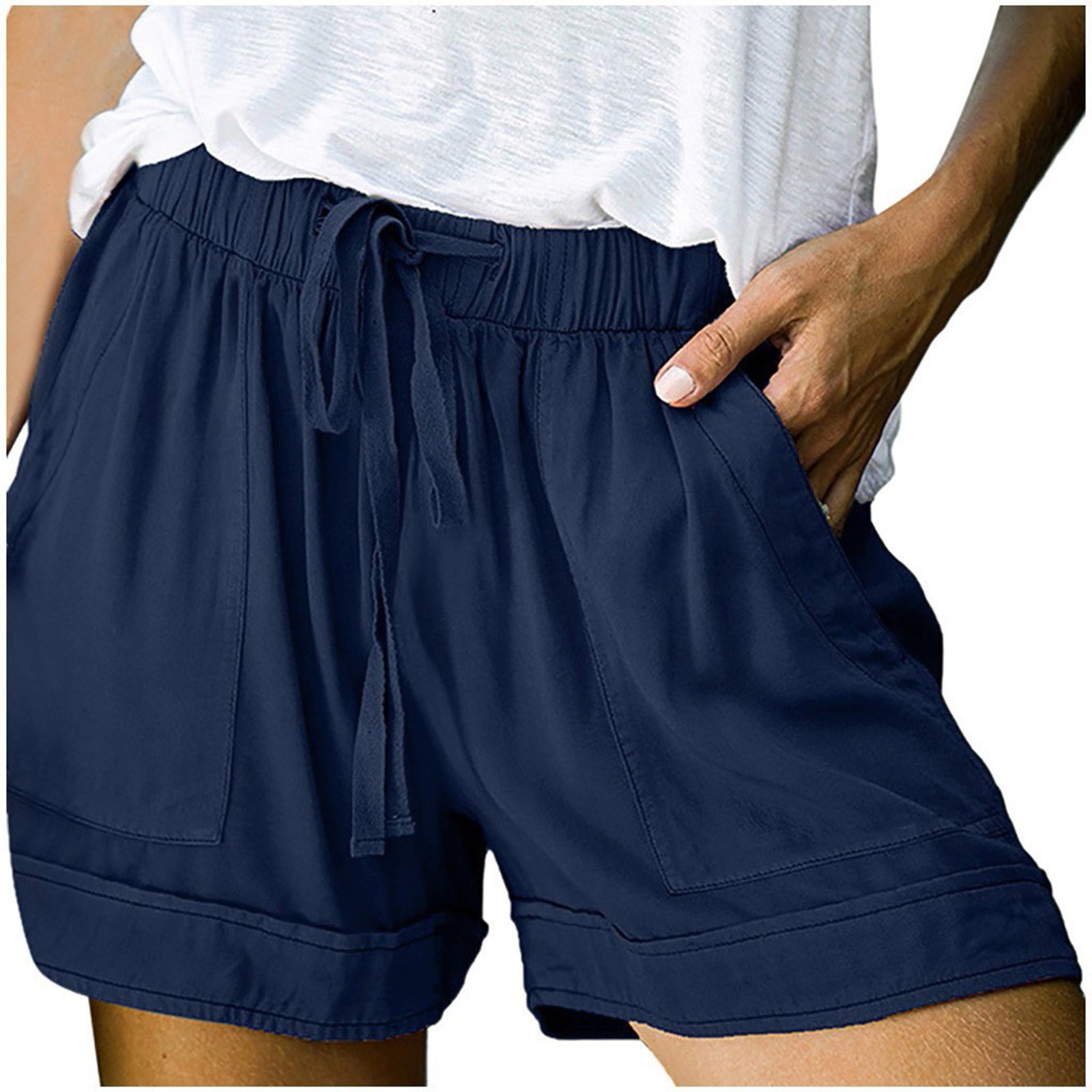 thumbnail image 3 of Pantalones cortos cómodos con cordón y cintura elástica para mujer - Pantalones holgados de color liso con bolsillos - Ropa informal de verano de poliéster, 3 of 8